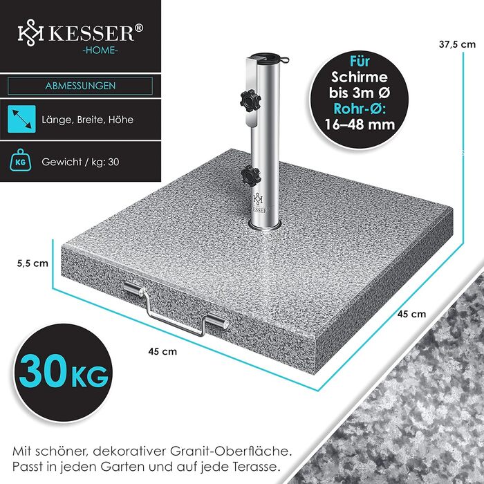 Підставка для парасольки KESSER Granit 30 кг з нержавіючої сталі (сіра, квадратна) для садових та балконних парасольок, діаметр труби 16-48 мм