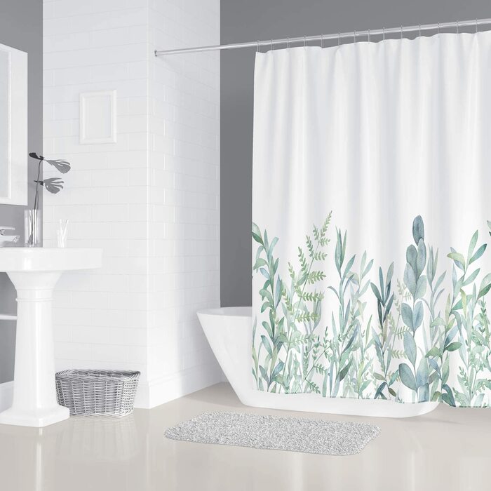 Душова штора M&W DAS DESIGN із зеленими листям і квітами, текстильна, антимікробна, водонепроникна, для ванної, з 12 кільцями, 240x200 см