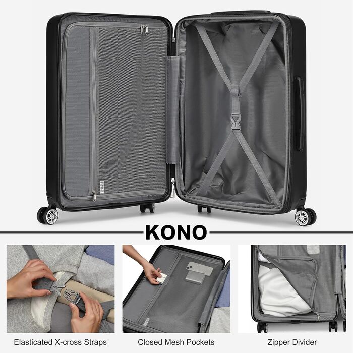 Валіза KONO XL чорна, розширювана, твердий корпус, з TSA-замком (75 x 47.5 x 29.5 см)