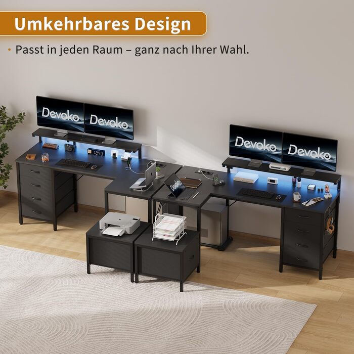Кутовий стіл Devoko з розетками та USB, 160x120 см, чорний - для дому та геймінгу