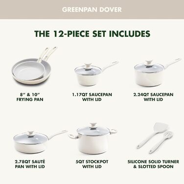 Набір посуду GreenPan Dover Healthy Ceramic 12 предметів, кремово-білий, антипригарне керамічне покриття, без PFAS, для посудомийної машини, зручна ручка
