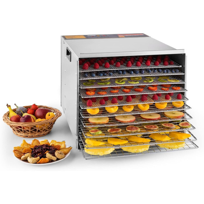Сушарка Klarstein Fruit Jerky 14 для фруктів, овочів і м'яса, 1000 Вт, 14 лотків, 1,8 м², регулювання до 70°C, таймер, чорна