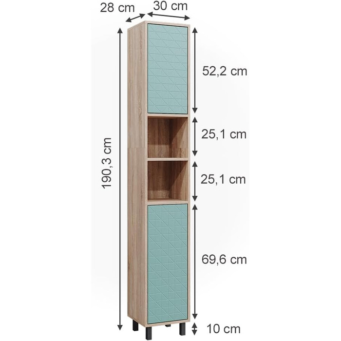 Високий шафа для ванної Vicco Agasta, м'ятно-зелена/сонома, 30 x 190,3 см