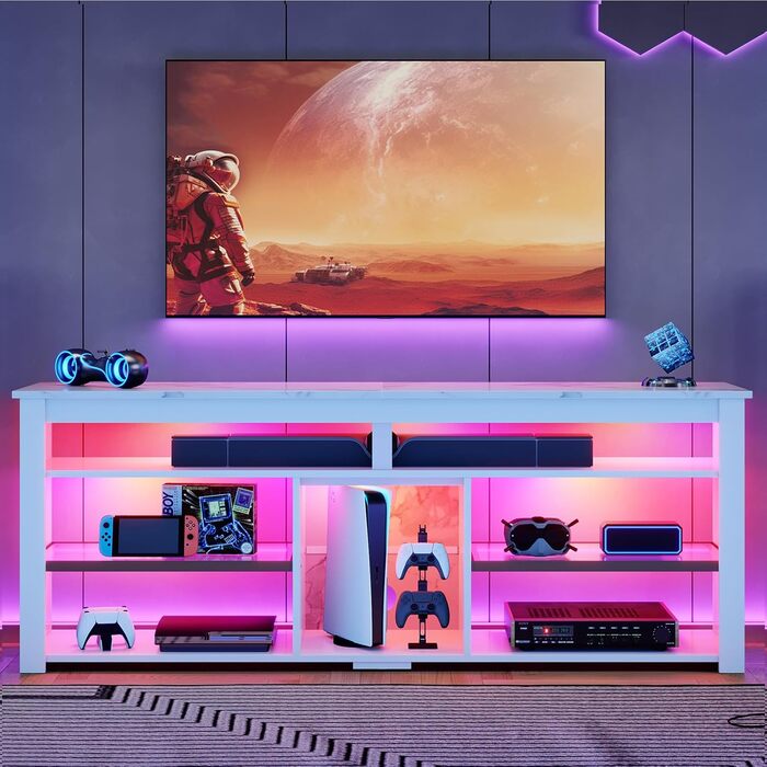 Тумба під телевізор Bestier 70 дюймів з підсвіткою LED, для PS5, біла мармурова - 160x33.8x66.8 см