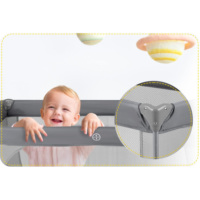 Дитяче ліжечко-манеж Ricokids, складане, 125x65x78 см, 15 кг, з матрацом, колесами з гальмами, знімний боковий вхід, сіре