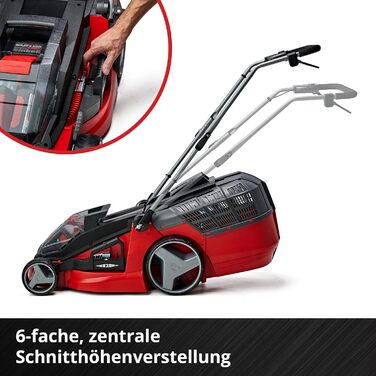 Акумуляторна газонокосарка Einhell GE-CM 43 Li M Kit Power X-Change 36В, безщіткова, ширина косіння 43 см, для газонів до 600 м², з мульчуванням, кошик 63 л, висота 25-75 мм, 2 акумулятори 4.0 А·год та 2 зарядні пристрої