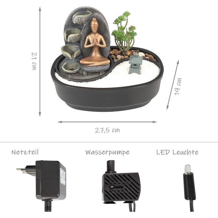 Декоративний настільний фонтан LEMODO з LED-підсвіткою, скляною кулею та ефектом водоспаду для дому та Zen-саду (Namaste)