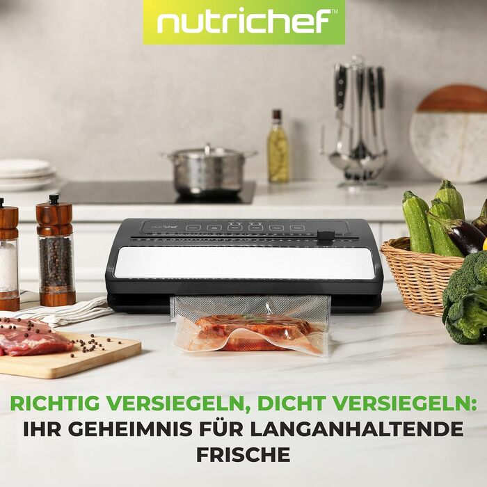 NutriChef PKVS Вакуумний пакувальник стартовий набір | Автоматичний запаювач пакетів | Компактна система для збереження свіжості продуктів | Перевірена в лабораторії, універсальна система консервації продуктів (Сухе/Вологе) | Срібно-чорний колір
