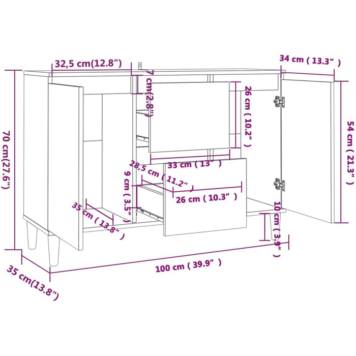 Комод vidaXL з 2 шухлядами і 2 дверцятами, сіро-дубовий Sonoma, 103,5x35x70 см, деревостружкова плита, багатофункціональна тумба для вітальні чи спальні