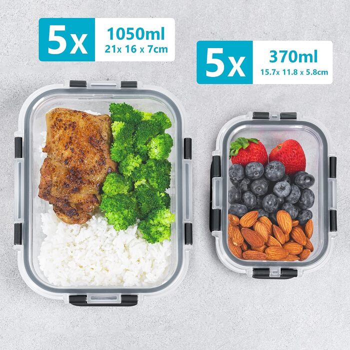 Набір скляних контейнерів для їжі Igluu Meal Prep (10 шт) — 370 мл та 1050 мл, герметичні ланч-бокси для зберігання продуктів
