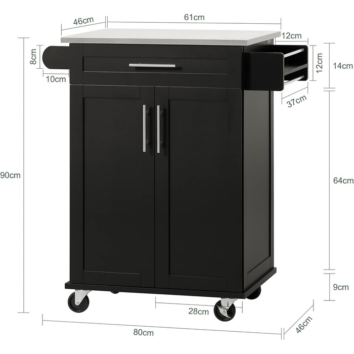 Кухонний візок SoBuy FKW110-SCH, сервировочний, чорний, з дверцятами та шухлядою, на колесах, для офісу, 80x90x46 см
