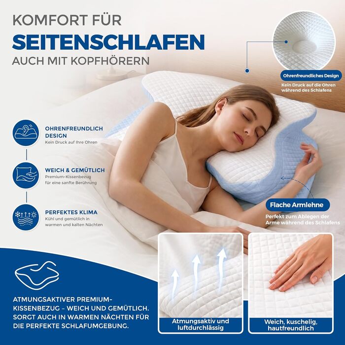 Ортопедична подушка для шиї та голови Premium Memory Foam у формі метелика, ергономічна подушка з ефектом пам'яті для сну на боці та спині, зі знімним чохлом (Sky Breeze Blue)