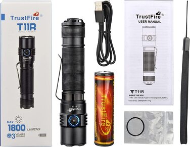 LED ліхтар Trustfire T11R, надяскравий 1800 люмен, USB-зарядка, 5 режимів, тактичний, водонепроникний IP68, для кемпінгу, туризму, екстрених ситуацій, чорний