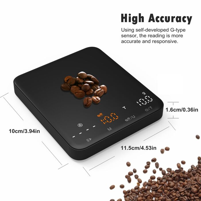 Ваги для кави NUTRI FIT Mini з таймером, USB-C, LED-дисплеєм, 2 кг/0,1 г, чорний