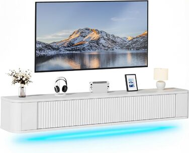 Підвісний TV-тумба YITAHOME 140 см з RGB LED підсвіткою, біла глянцева медіаконсоль для вітальні та спальні (180x25x20 см)