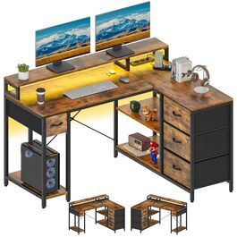 Стол YITAHOME L-подібний з USB-портом та розеткою, 140x100 см, 4 шухляди, полиця, для офісу, коричневий