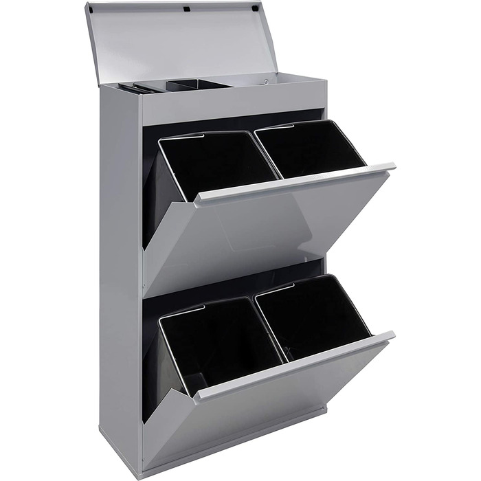 ARREGUI Top CR622-B контейнер для сортування сміття зі сталі з кришкою, 4 секції, відро для сміття для кухні, зйомні внутрішні відерця з ручкою, 4×17 л (68 л), світло-сірий