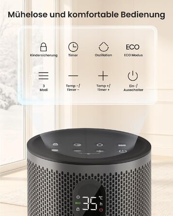 Електричний обігрівач повітря Ateroll 2000W, компактний енергоощадний тепловентилятор з 3 режимами роботи, чорний