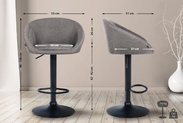 Барний стілець CLP Davie з тканинною оббивкою, регульований по висоті, обертовий, з підлокітником, світло-сірий, металевий каркас матовий чорний