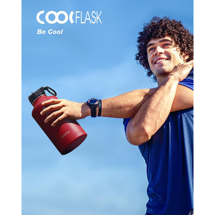 Термофляга Coolflask 2л зі сталі з трубою та 3 кришками, ізольована пляшка для води для спорту та офісу, герметична, червона