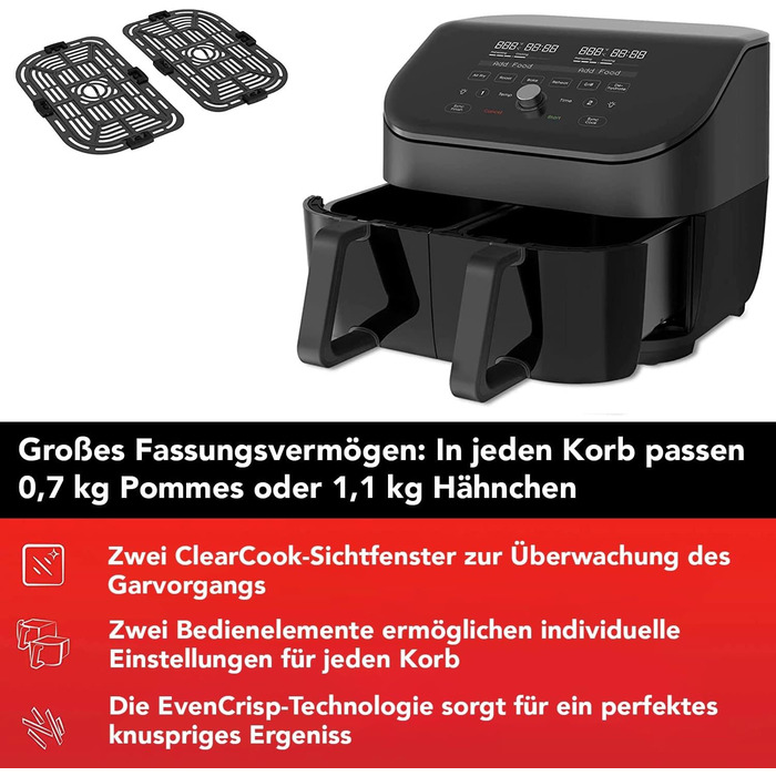 Фритюрниця з подвійною чашею Instant Vortex Plus ClearCook, 7.6 л, 8-в-1, цифрова аерофритюрниця, чорна, XL, 1700 Вт – для запікання, смаження, грилю, дегідрації, підігріву