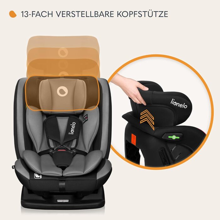 Автокрісло Lionelo AART для дітей 40-150 см, R129 (I-SIZE), сірий колір, регулювання спинки та підголівника