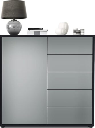 Комод Vladon Ben V2, 1 дверцята, 5 шухляд, чорний матовий/авола-антрацит, 79x74x36 см, корпус матовий, фасад авола-антрацит, вироблено в Німеччині