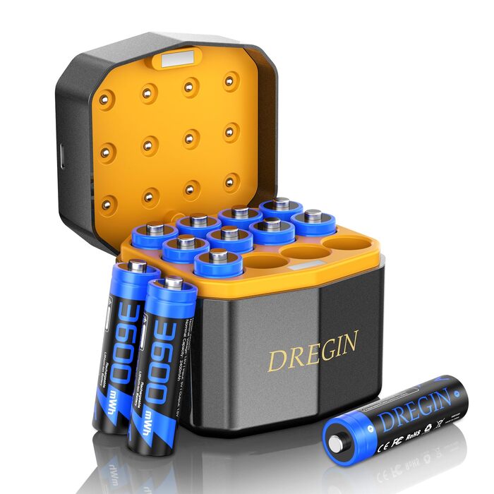 Набір акумуляторів AA Li-ion 1.5V 3600mWh (12 шт.) з зарядним пристроєм, висока ємність, 2000 циклів перезарядки, синій