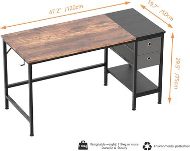 Письмовий стіл HOMIDEC з 2 шухлядами, комп'ютерний стіл з дерева для офісу, дому та вітальні, 120x50x75 см, дуб вінтажний