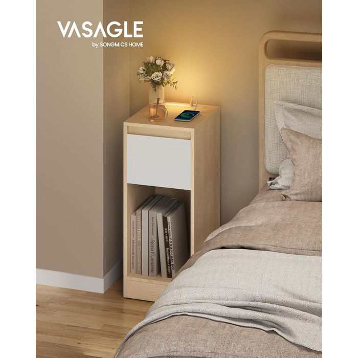 Приліжкова тумбочка VASAGLE з LED-підсвічуванням, USB-A та USB-C, з шухлядою та відкритим відсіком, для спальні/вітальні, кольору 
