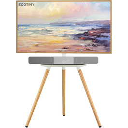 Підлогова телевізійна стійка ECOTINY TV для екранів 40-65 дюймів, висота регулюється, поворотна, переносна, з полицею, чорний горіх/білий, дерево, VESA 400x400 мм, до 35 кг