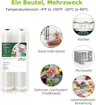 Рулони для вакуумного пакування Bonsenkitchen 28x600 см (2 шт) - Професійні пакети для вакууматора, харчові, BPA-free, для Sous Vide