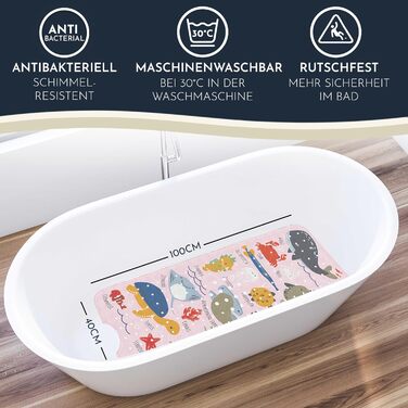 Дитячий килимок для ванни Homerella, протиковзкий, 100% BPA безпечний, 100x40 см, з 2 гачками, гіпоалергенний, стійкий до цвілі, рожевий з підводним алфавітом