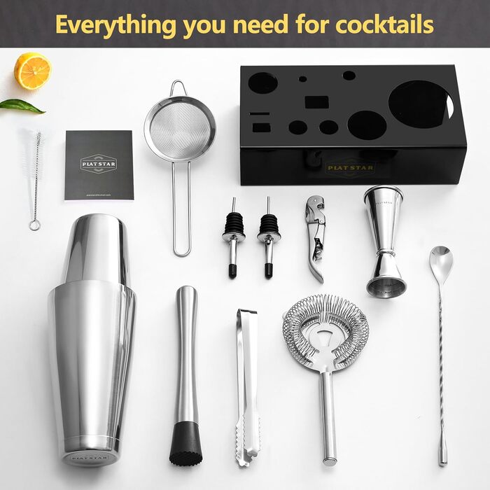 Набір для коктейлів Mixology Barkeeper: Бостон-шейкер з підставкою та аксесуарами з нержавіючої сталі для дому
