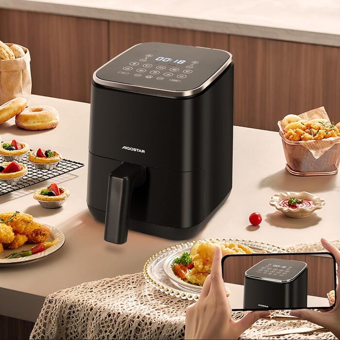 Аерофритюрниця Aigostar Dot 2Л: Airfryer з LED-сенсорним екраном, 8 програмами, 1200W, регулюванням температури та таймером, антипригарне покриття, BPA-free