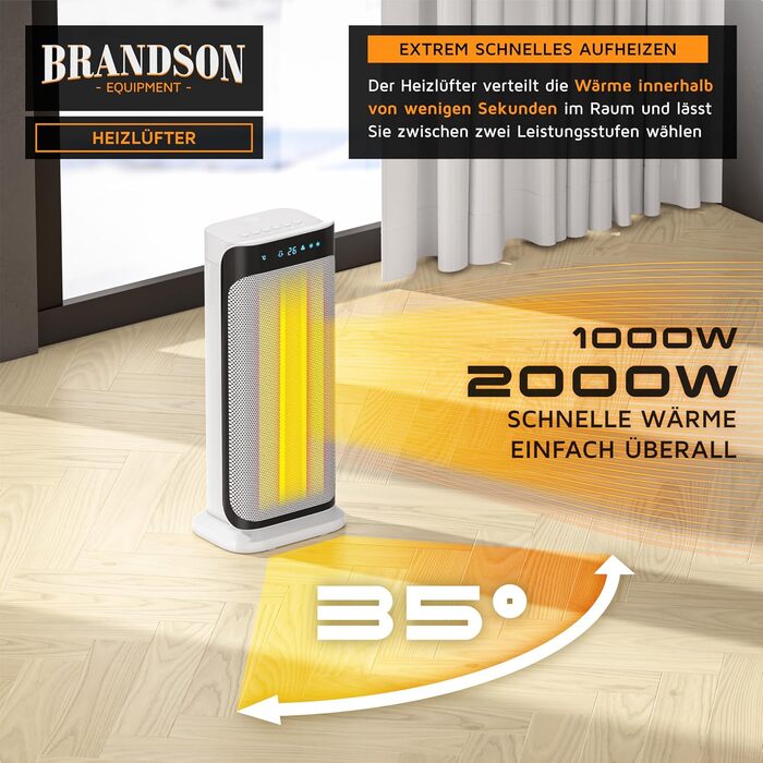 Енергозберігаючий керамічний обігрівач Brandson з дистанційним керуванням, для ванної, тихий, з таймером, функцією обертання, білий, GS сертифікат