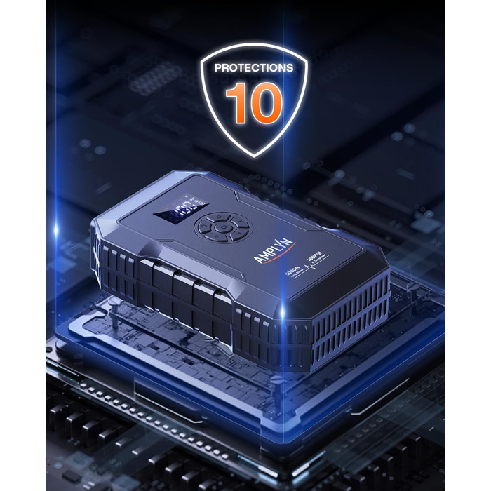 Пусковий пристрій для авто (бустер) з компресором 160 PSI, 5000A, 12V, портативний бустер для бензинових та дизельних двигунів (до 10л), швидка зарядка Type-C, ліхтарик
