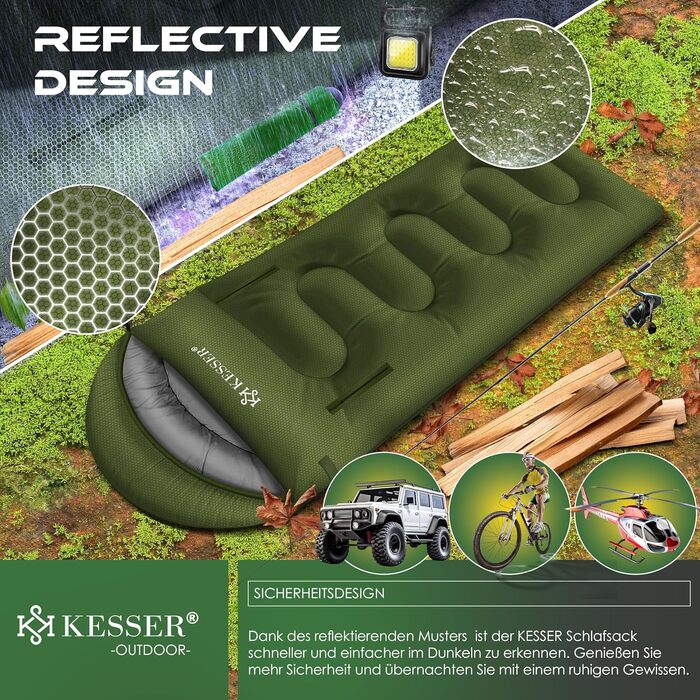 Спальний мішок KESSER Outdoor для дорослих та дітей, всесезонний (3-4 сезони), водовідштовхуючий та теплий, Khaki, 220 x 83 см, з ліхтариком та бічною кишенею