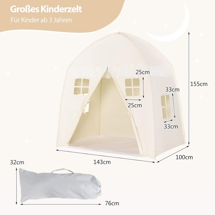 Дитячий ігровий будиночок GOPLUS XL, 143x100x155 см, з сумкою, килимком, дверцятами на блискавці та 4 вікнами, для 2-3 дітей від 3 років (Бежевий)