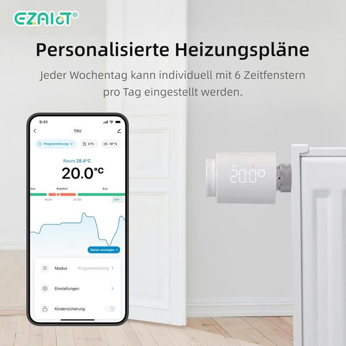 Розумний термостат на радіатор Wi-Fi Tuya EZ-TRV702W з програмуванням, датчиком температури та керуванням через додаток