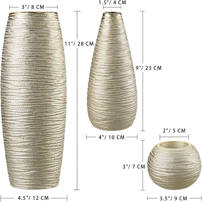 Золоті керамічні вази для сухоцвітів та кімнатних квітів, набір 3 шт, декоративні вази для дому, офісу, весілля чи новорічного столу, висота 28 см