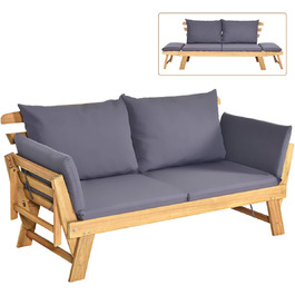 Садова лавка-трансформер COSTWAY з функцією лежака, дерев'яна балконна лавка з м'якими подушками та відкидними підлокітниками, 198x75x75 см, бежевий колір – для саду, тераси, балкона