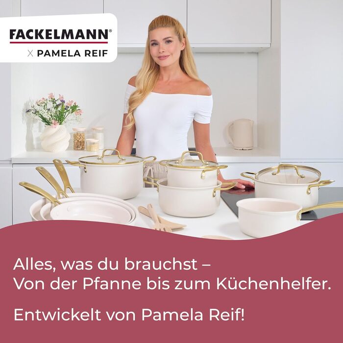 Набір сковорідок FACKELMANN x Pamela Reif 3 шт. діаметром 20-24-28 см – з переробленого алюмінію, пастельно-бежевий, керамічне покриття без PFAS, стійке до 160°C, для всіх типів плит