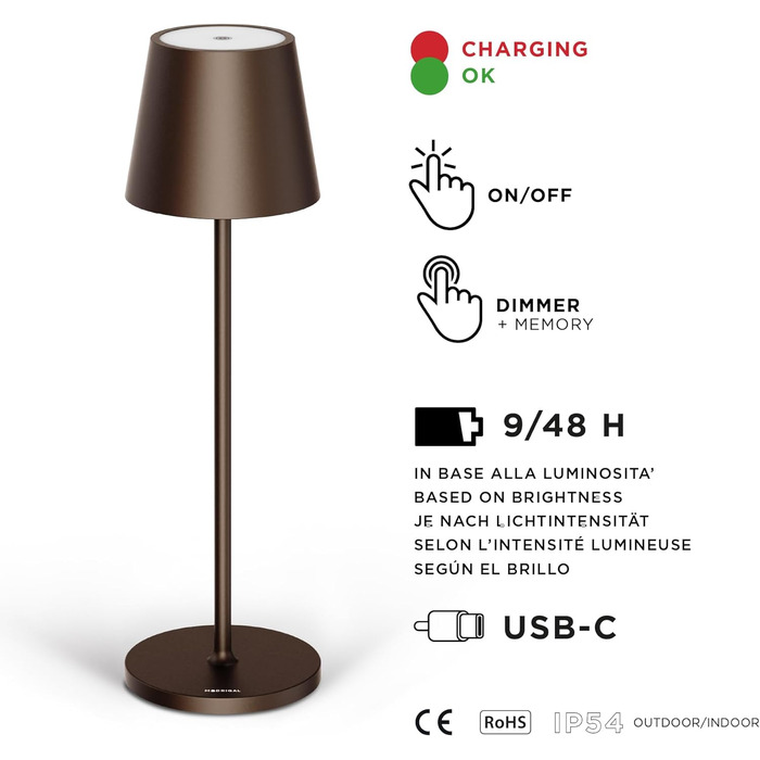 Стільова класична LED акумуляторна настільна лампа Stilosa 3, диммована, IP54, для дому та вулиці, зарядка USB-C, тепле світло, бронзова, кругла основа, 38 см, дизайнерська