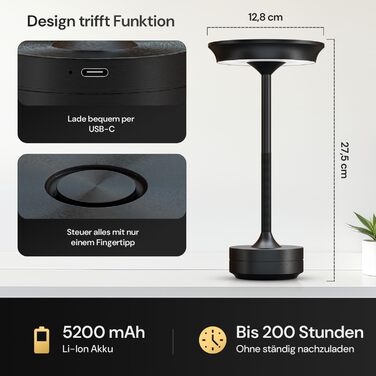 LED настільна лампа Designgold бездротова - стильний дизайн з акумулятором та USB-C - 3 кольори світла та регулювання яскравості - бездротова свобода для використання в приміщенні та на вулиці - акумуляторна, чорна