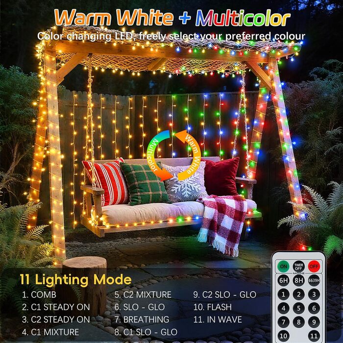 Світлодіодна гірлянда Dalugo для вулиці та ялинки, 500 LED, 40м, водонепроникна зовнішня новорічна ілюмінація з таймером, 8 режимів та функцією пам'яті (теплий білий + багатоколірна)