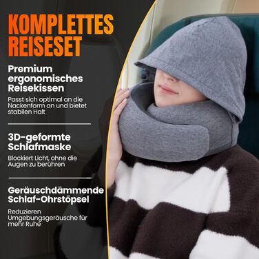 Подорожня подушка для шиї з капюшоном з ефектом пам'яті (Memory Foam) для літака, авто та поїздок, 100% бавовна, світло-сіра (Hooded Pro)