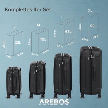 Набір валіз Arebos 4 шт. з ABS-пластику, жорсткий корпус, телескопічна ручка, кодовий замок, 360° колеса, розміри S-M-L-XL, чорний