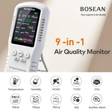 Аналізатор якості повітря 9 в 1 T-Z01: вимірювач CO2, TVOC, HCHO, PM2.5, PM10, PM1.0, температури та вологості для дому, офісу та школи