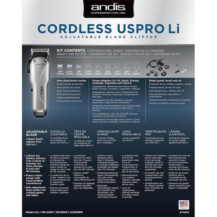 Машинка для стрижки волосся Andis Uspro Lithium, провідна/безпровідна, регульоване лезо, 2 години роботи, універсальна, срібляста